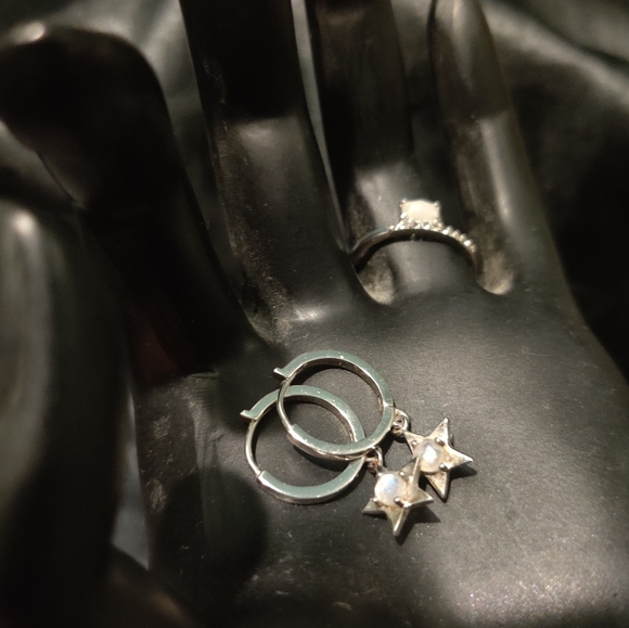 White Rhodium Plated Sterling Silver Moonstone Star Drop Huggie Hoop Earrings - Picture 4 of 5